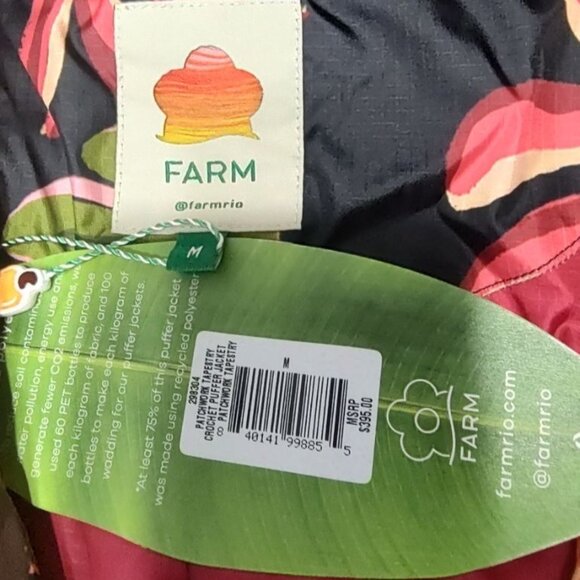 Farm Rio Crochet Sleeve Puffer Jacket Patchwork Tapestry Winter Tropical Longlin - Picture 9 of 15